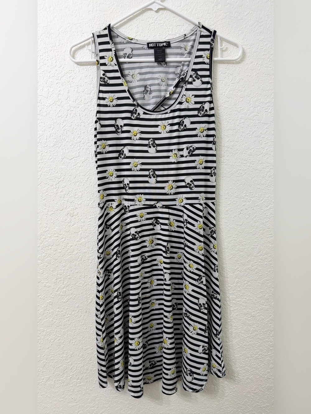 Hot Topic Black & White Striped Daisy and Skull Skater Dress with Yellow Accents